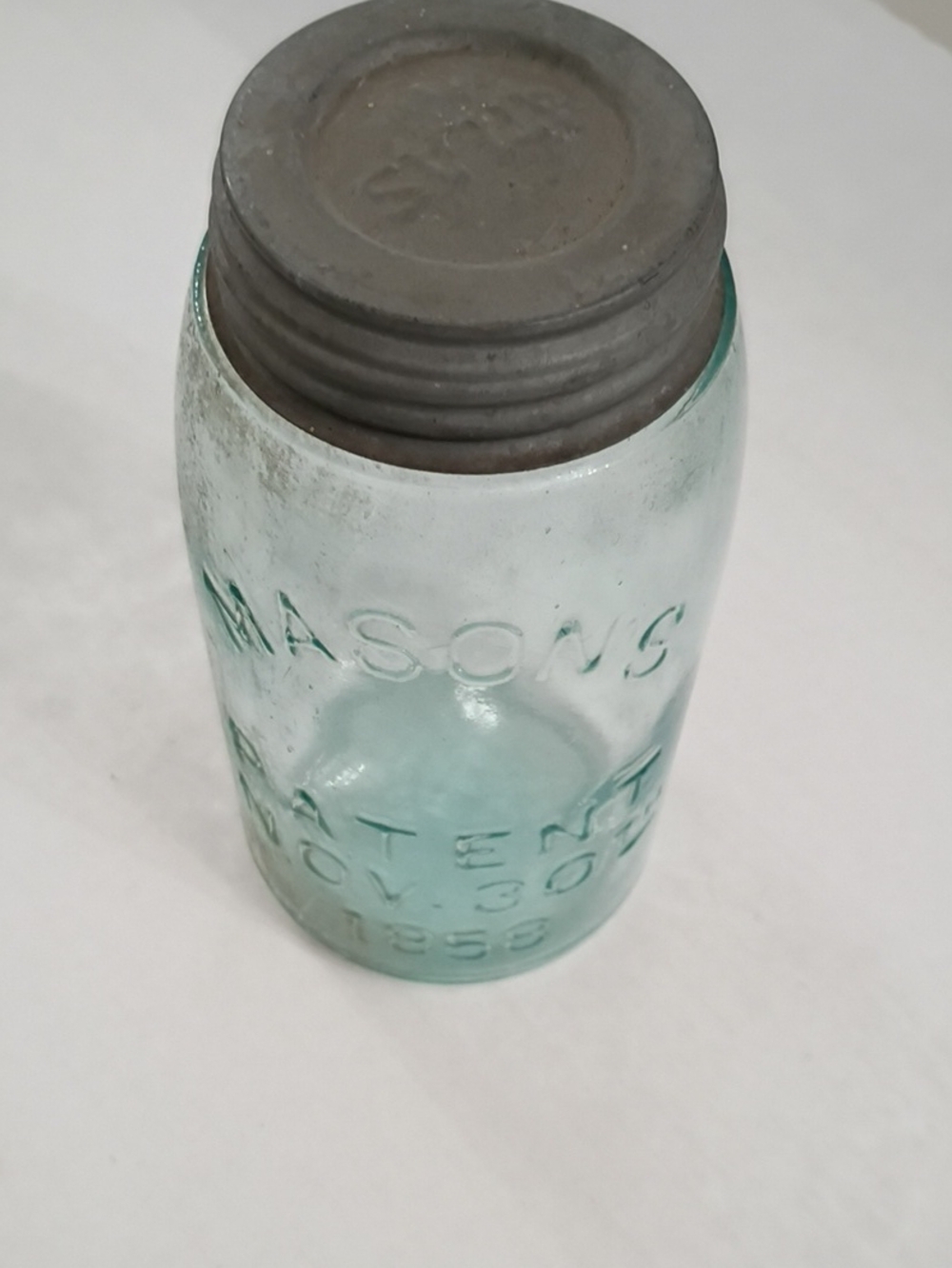 Mason Aqua Embossed Glass Jar with Metal Lid